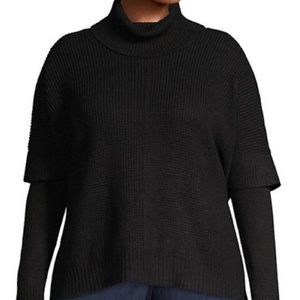 Lord & Taylor Black Waffle Knit Turtleneck Poncho Sweater